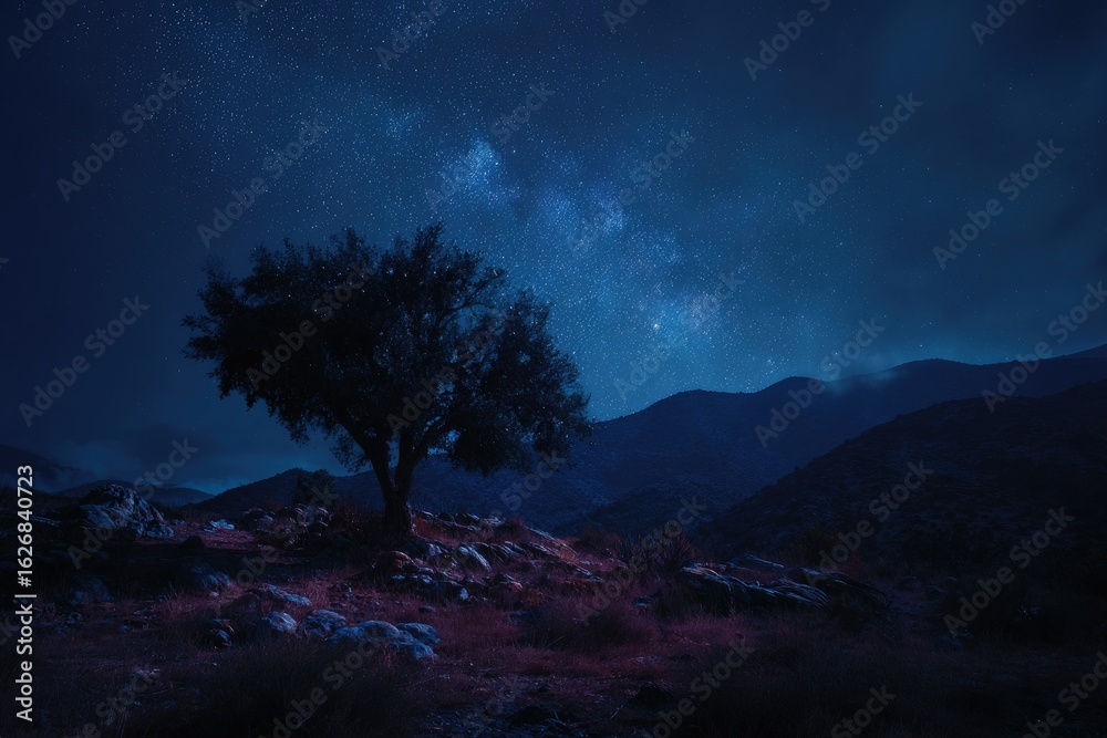 Fototapeta premium Lone Tree Silhouetted Against Starry Sky in Moody, Deep Blue Tones with Red-Hued Ground