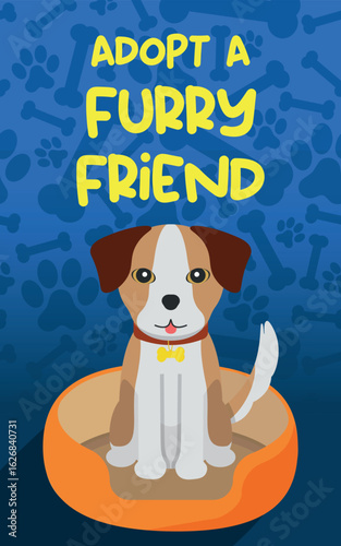 Pet Adoption Poster Illustration - Adopt a Furry Friend. Cute Dog on Blue Background with Footprints and Bones.
