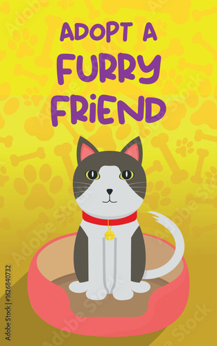 Pet Adoption Poster Illustration - Adopt a Furry Friend. Cute Cat on Yellow Background with Footprints and Bones.