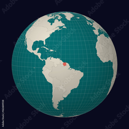 Suriname on the map. Globe centered to Suriname. Country location on the world map. Teal Pale Mint color palette. Globe with countries, meridians and parallels. Artistic vector illustration.