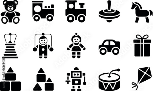 Black and white children's toy icons: playful, simple, vector graphics.