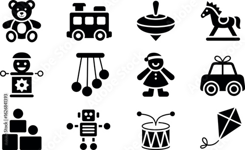 Childrens playful toy icons: simple black silhouettes, vector graphics.