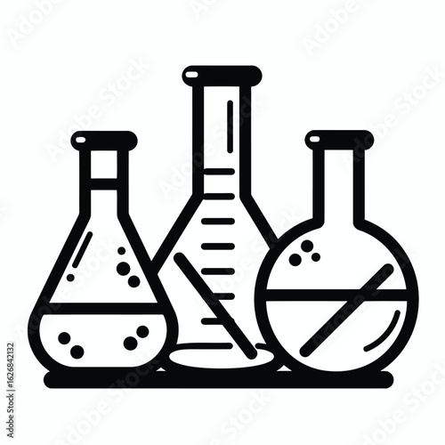 Vector illustration of three laboratory flasks used for scientific experiments and chemical research in a lab