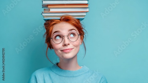 Playful redhead teen balancing books on head.  Playful expression. Ideal for educational content, student life promotions, youth campaigns, book-related marketing, humor pieces, back-to-school.