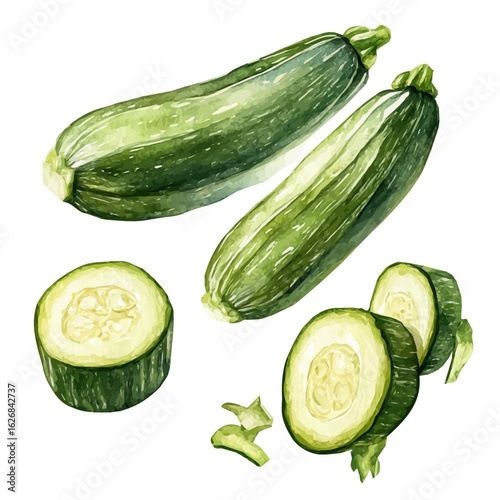 zucchini sliced- whole zucchini illustration painted, painting in watercolor design for vegetables, circle sliced, green zucchini for food, Illustration format