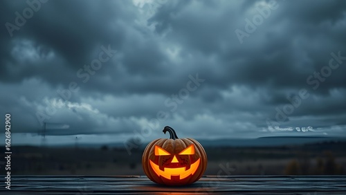 "Mischievous Glowing Pumpkin on Wooden Table in Moody Halloween Landscape"