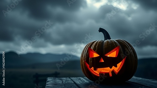 "Mischievous Glowing Pumpkin on Wooden Table in Moody Halloween Landscape"