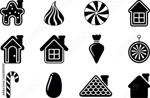 Black and white minimalist Christmas gingerbread house icons set.