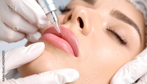 Lip blushing procedure, close-up of woman’s lips as technician in white gloves applies pigment with a cosmetic tattoo device