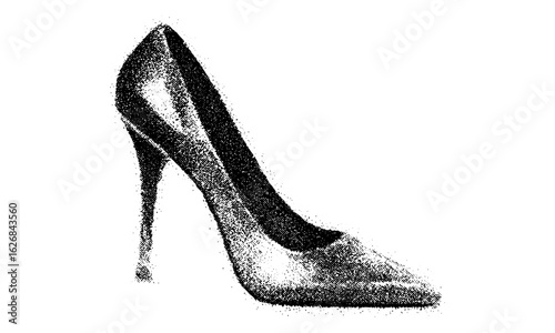 High heel shoe with grainy stipple halftone effect in vintage photocopy style. Noisy dotwork texture for brutal punk collage, retro 90s vector art, urban grunge pattern, nostalgia cover background