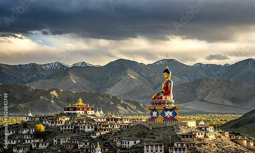 Golden Buddha Statue atop a Hillside Temple in Leh Ladakh India under Cloudy Skies