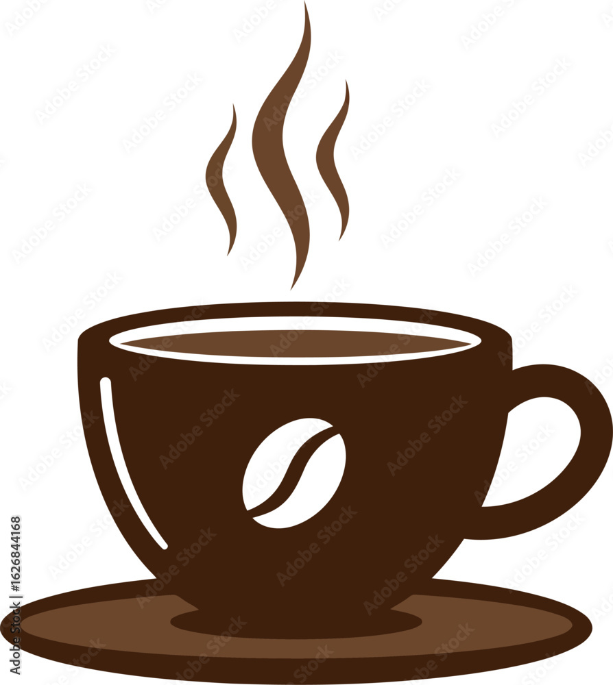 Obraz premium Steaming coffee cup with coffee bean icon