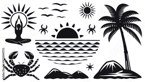 Tropical Beach Silhouette Elements Set – Yoga Pose, Palm Tree, Sunset, Sea Waves, Crabs, Birds, Mountains, and Sun Icons for Summer, Nature, Travel, Relaxation, and Coastal Design Projects