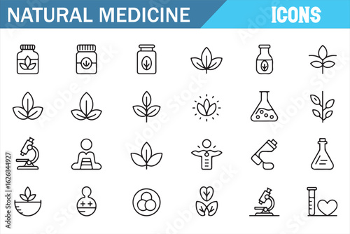 Natural Remedies Icons Set with Plants, Flowers, and Healing Bottles