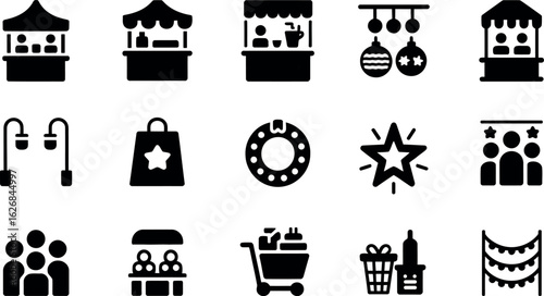 Festive Market Stall Icons: Simple, Bold, Black Glyph Style