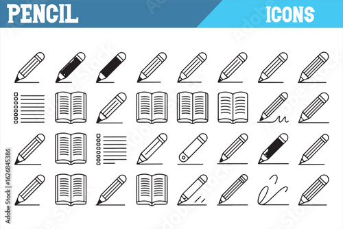 Simple Writing and Note-taking Icons for School, Office, and Stationery

