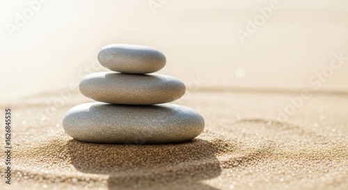 Serene stacked stones on sandy beach evoke calm, balance, and peaceful mindfulness