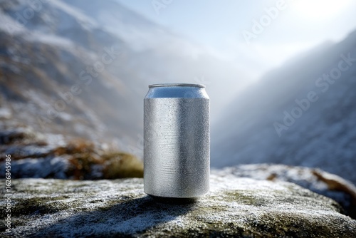 Silver Soda Can Mockup on Snowy Mountain Peak, Minimalist Product Shot, Cold Beverage, Crisp Refreshment, Outdoor Adventure, Metallic Texture, Dramatic Lighting