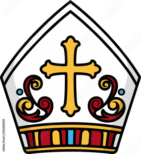 Colorful Vector Illustration of a Traditional Bishop Mitre with Cross and Ornamental Accents – Religious Clergy Hat Icon