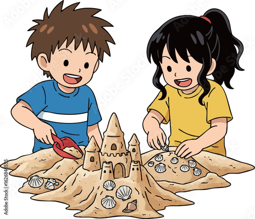 砂浜でサンドアートを作る子どもたち_夏の創造的な遊びアニメイラスト