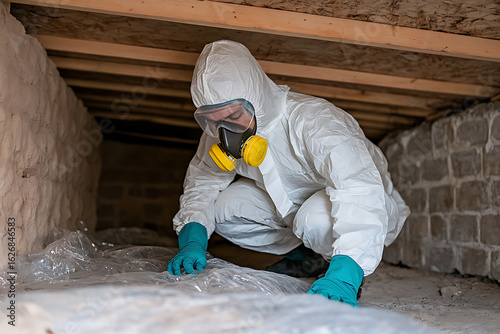 Fototapeta Naklejka Na Ścianę i Meble -  Worker in protective suit and mask crawls on plastic, potentially inspecting or cleaning a crawl space or other enclosed area for safety or remediation.