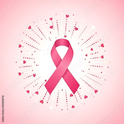 Breast cancer awareness pink ribbon with hearts and dots on a pink background