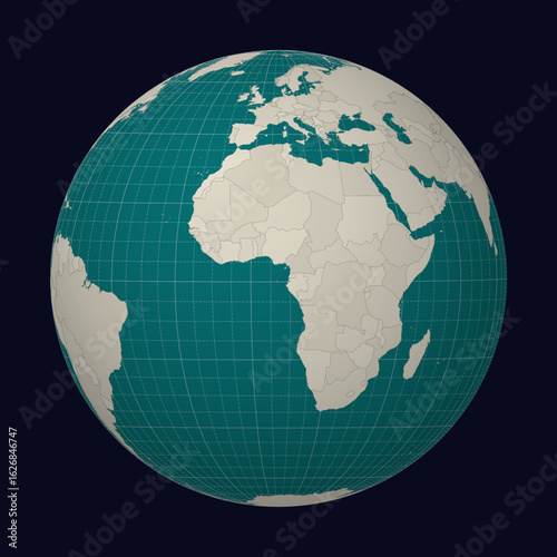 Sao Tome and Principe on the map. Globe centered to Sao Tome and Principe. Country location on the world map. Teal Pale Mint color palette. Globe with countries, meridians and parallels.