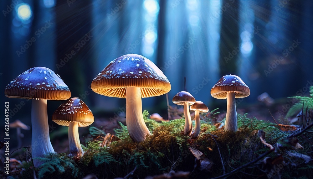 Fototapeta premium luminous mushrooms in a mystical forest at night with glowing elements and dark surroundings