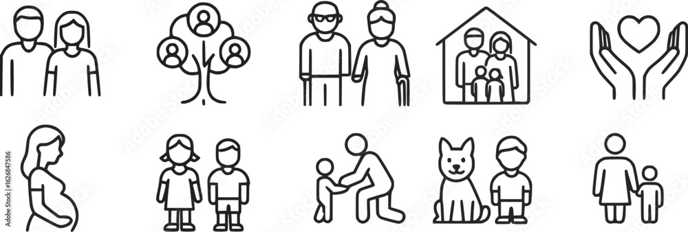 Obraz premium Set icons of family relationships, including couple, family tree, elderly couple, family in house, caring hands with heart, pregnant woman, children, adult supporting child, child with pet dog 