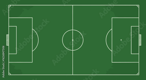 Top view of soccer football field with green grass texture, white boundary lines and center circle layout - cad drawing flat vector illustration