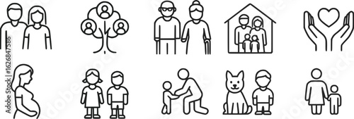 Set icons of  family relationships, including couple, family tree, elderly couple, family in house, caring hands with heart, pregnant woman, children, adult supporting child, child with pet dog 