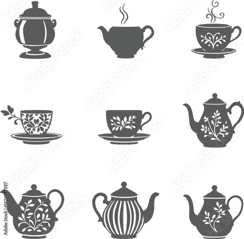 Collection of teapots and cups with floral designs in a simple graphic style on a white background