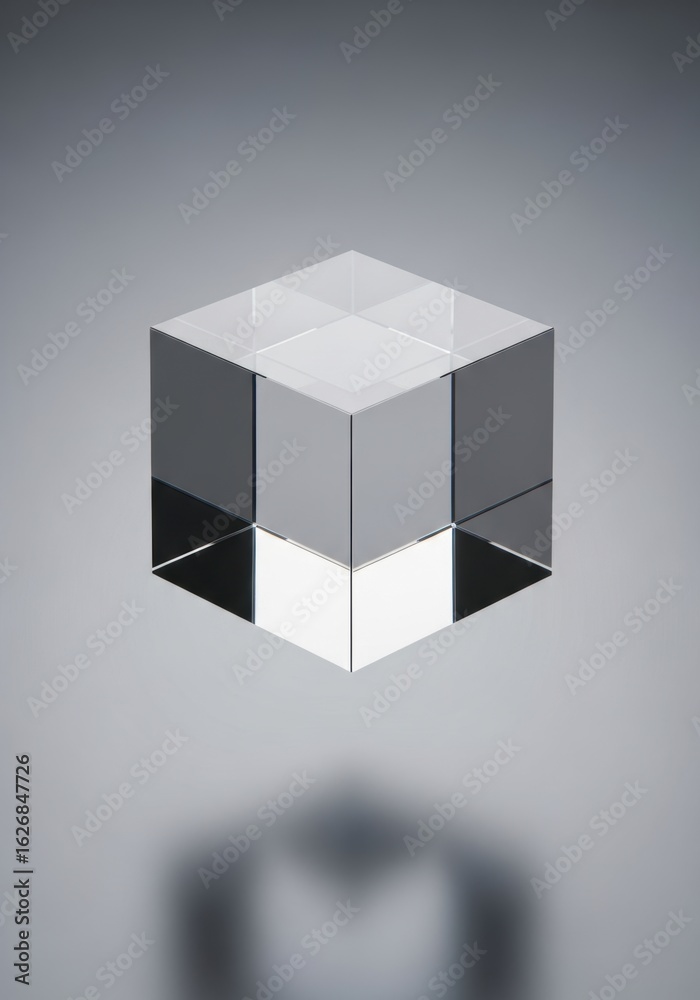 Fototapeta premium Clear glass cube with sharp edges reflecting light on a neutral gradient background, casting a subtle shadow.