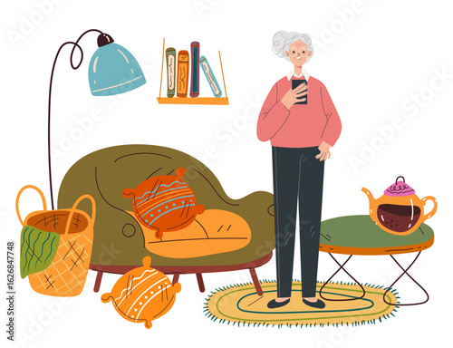 Elderly people grandma, grandpa at home using modern gadgets flat style simple design concept. Vector flat cartoon graphic illustration