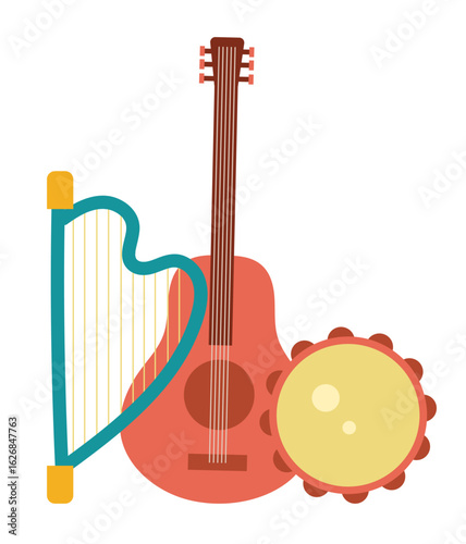 Musician instruments. Guitar, gusli, drum, violin, saxophone flat style simple design concept. Vector flat cartoon graphic illustration