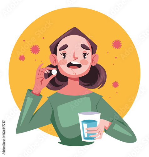 People taking pills. Cold and flu virus epidemic cartoon style design concept. Vector flat cartoon graphic illustration