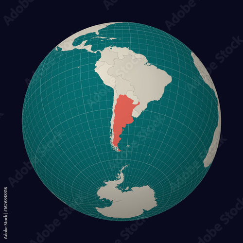 Argentina on the map. Globe centered to Argentina. Country location on the world map. Teal Pale Mint color palette. Globe with countries, meridians and parallels. Classy vector illustration.