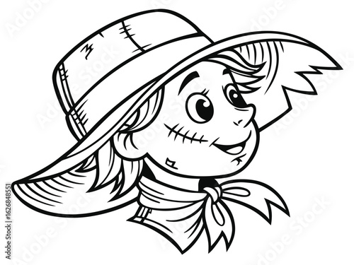 Cute scarecrow face coloring page, vector cartoon illustration