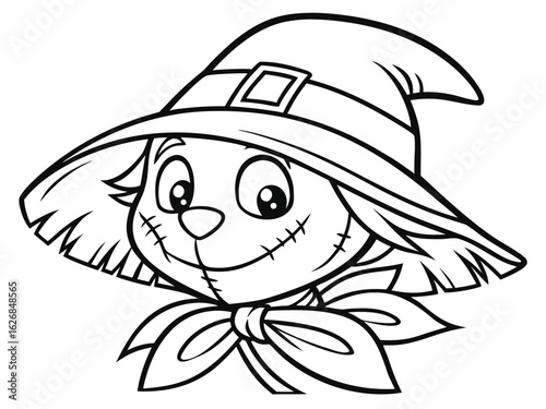 Cute scarecrow face coloring page, vector cartoon illustration