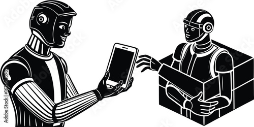 Futuristic robotic courier delivering parcel and tablet communicating with an advanced android user in a simplified vector illustration