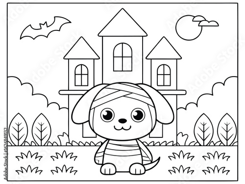 Cute Mummy Puppy at Spooky Tree with Bats coloring page