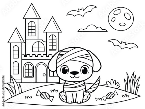 Cute Mummy Puppy at Spooky Tree with Bats coloring page