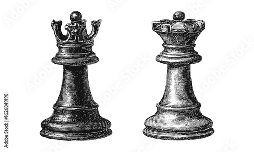 King chess pieces black and white isolated in vintage stipple engraving style, detailed hand-drawn texture, retro pointillism pattern, classic chess illustration on transparent background