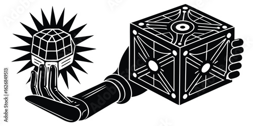 Surreal depiction of a hand holding a geometric orb emanating light alongside an intricate cube symbolizing mystery and power.