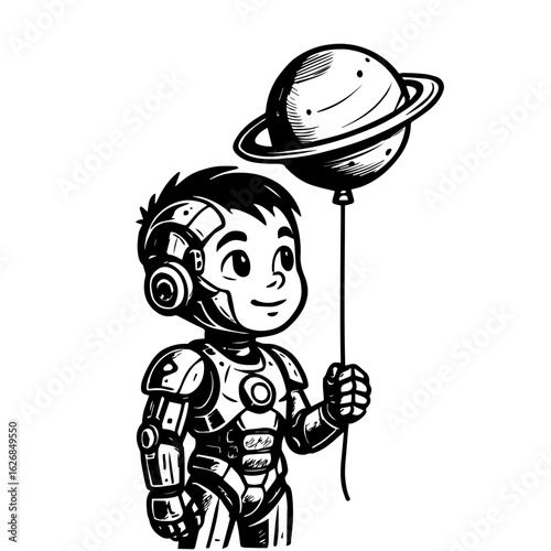 Futuristic cyborg child holding a balloon shaped like a planet