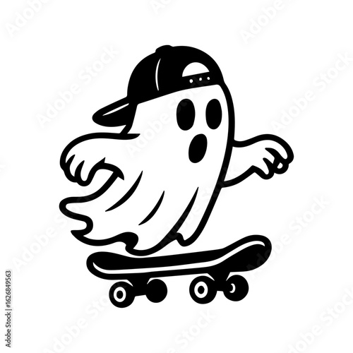 Ghost riding a skateboard with a backwards cap