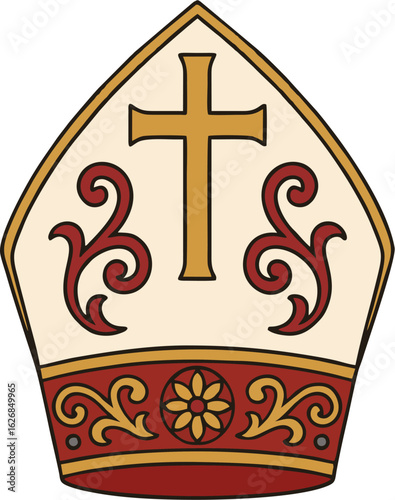 Traditional Bishop Mitre Vector Illustration with Gold Cross and Ornamental Red Accents – Religious Clergy Hat Icon
