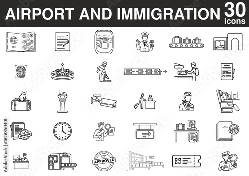 Airport and immigration icons, flat design, black and white, infographic elements