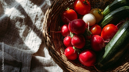 A rustic summer flat lay of vibrant radishes, tomatoes, and zucchinis on a woven basket background with natural linen napkins and shadows from morning light