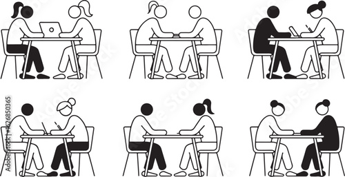 Diverse groups of people sitting together at tables for meetings and collaboration in minimalist design. People Outline Set for CAD Drawings – Vector Illustrations Isolated on White
